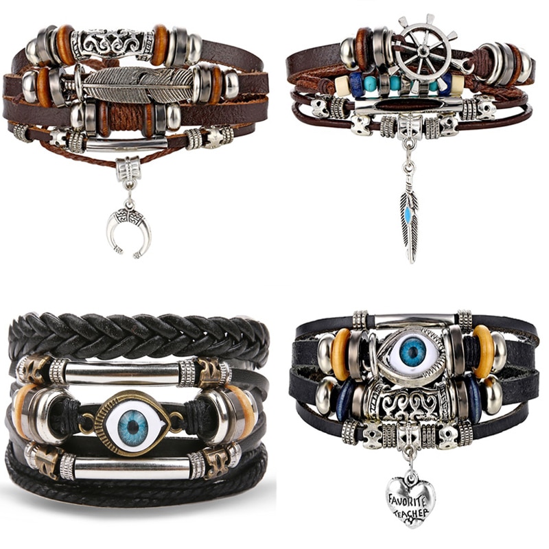 Ifmia justerbart flerlags læderarmbånd mænd håndlavet reb horn blad fjer sæt armbånd armbånd smykker