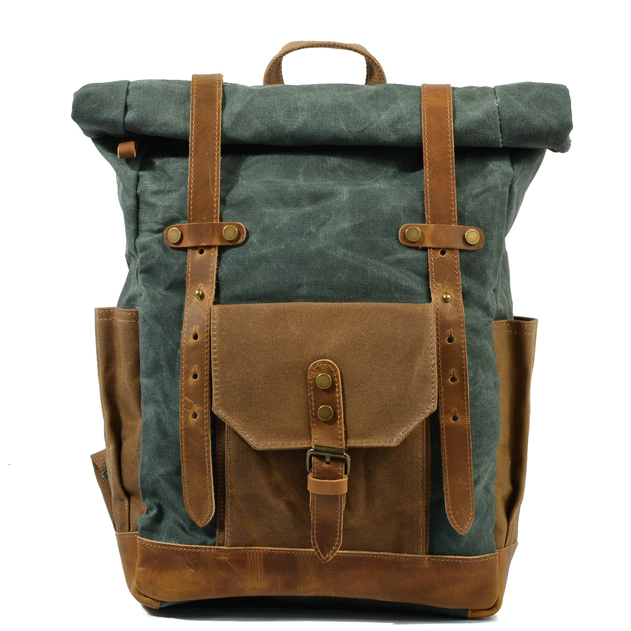 MUCHUAN Luxury Vintage Canvas Backpacks for Men Oil Wax Canvas Leather Travel Backpack Large Waterproof Daypacks Retro Bagpack: 9108Lake green