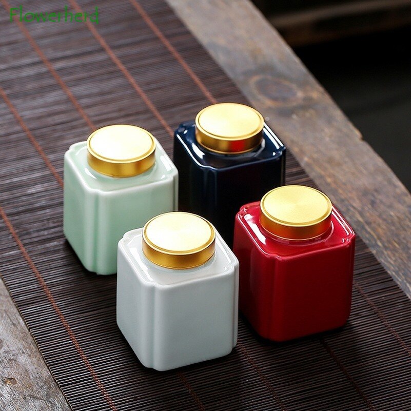 Ceramic Porcelain Tea Caddy Teaware Tea Container Square Sealed Waking Tea Can Household Tea Packaging Caddy Tea Storage