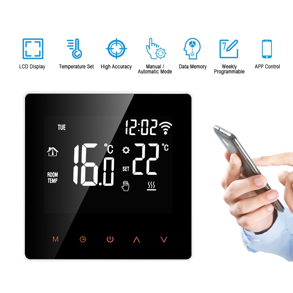 Wifi smart termostat app kontrol digital temperatur controller lcd display berøringsskærm elektrisk gulvvarme termostat