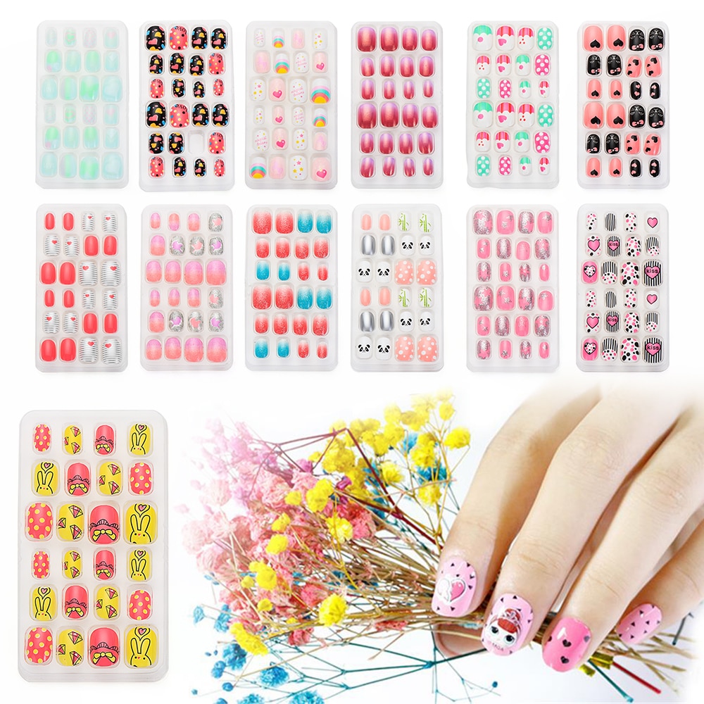 24 pièces dessin animé auto-adhésif faux ongles presse sur ongles enfant couverture complète détachable réutilisable acrylique bâton sur faux ongles