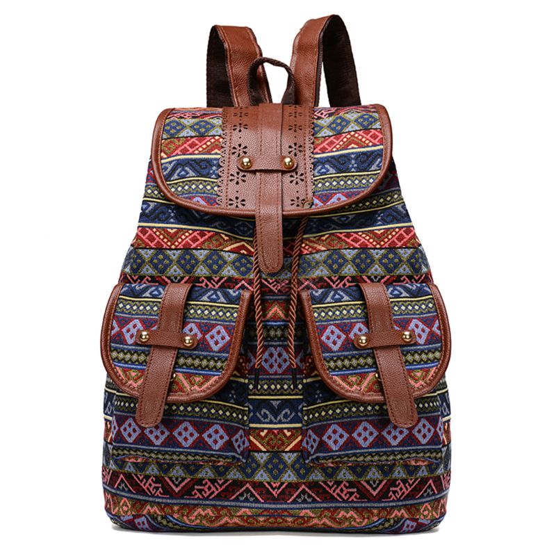 Vintage Print Canvas Ethnic Backpack for Women Girls School Drawstring Bohemia Travel Rucksack: 3TT903793-4