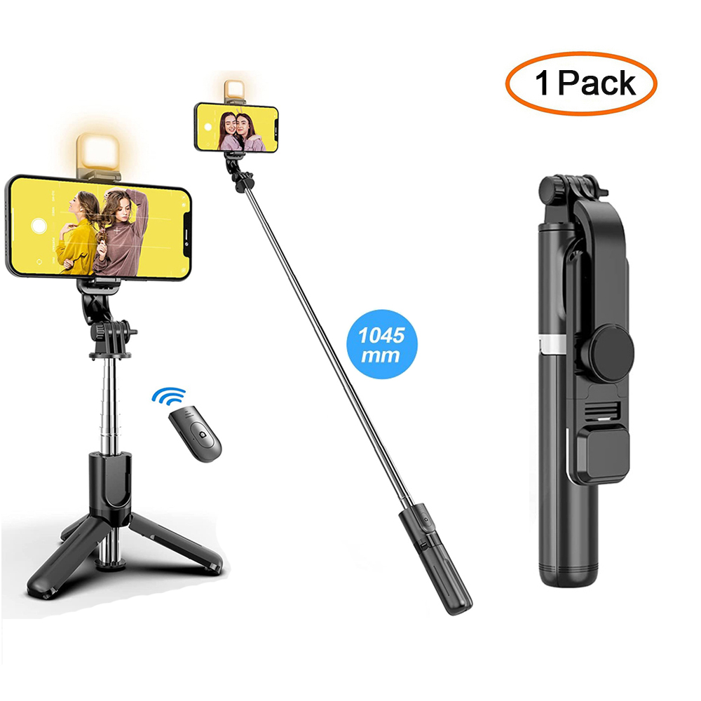 Palo de Selfie inalámbrico con Bluetooth, trípode portátil plegable con obturador de luz de relleno, Control remoto para teléfono inteligente Android iPhone: Negro