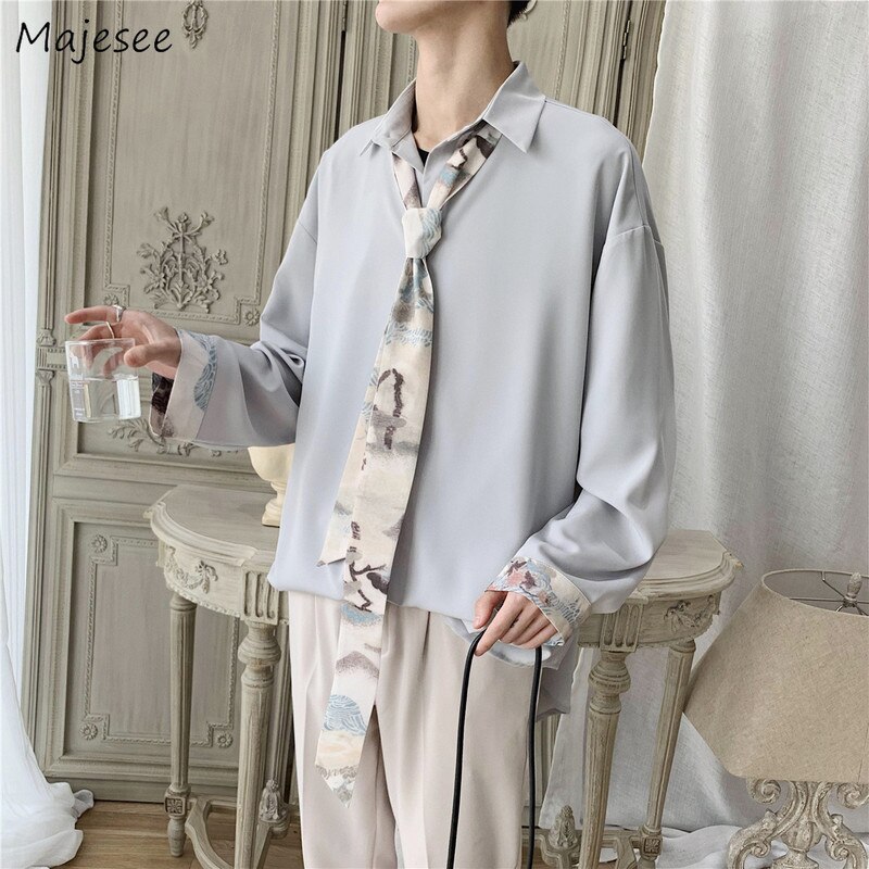 Herre skjorter patchwork solid forår koreansk stil chic fritid oversize herre outwear blødt langærmet all-match teenagere ins trendy bf