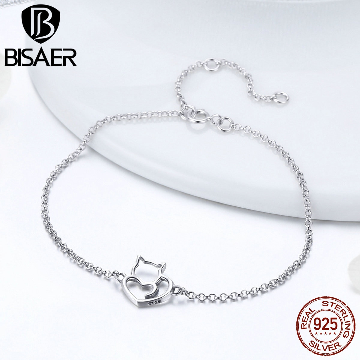 BISAER 925 Sterling Silber Kette Verknüpfung Katze Einfache Ebene Femme Armbänder Armreifen für Frauen Pulseira Silber 925 Schmuck ECB102