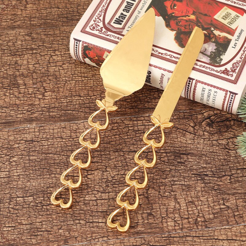 Juego de pala y cuchillo dorados para hornear, juego de cubiertos dorados con mango hueco para Pizza, pastel, postre, de cumpleaños y boda