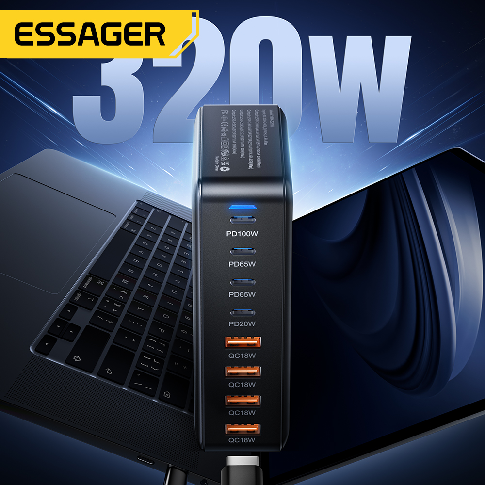 Essager 320W GaN Multi-function Charger USB Type C Desktop Charging Station PD 100W Fast Charging For iPhone iPad Mac Book Lapto