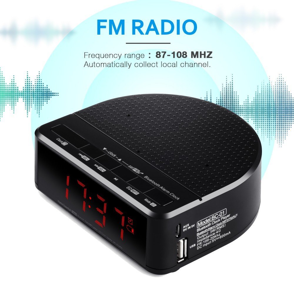 Radio réveil numérique avec haut-parleur Bluetooth, affichage chiffre rouge avec 2 gradateurs, radio FM, Port USB chevet réveil led.