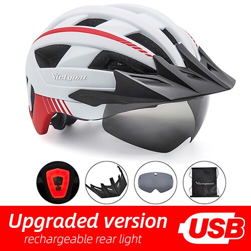 Victgoal Bicycle Helmet LED Moutain Road USB Rechargeable Light Cycling Helmet For Man Sun Visor Goggles Men MTB Bike Headgear: White USB LED