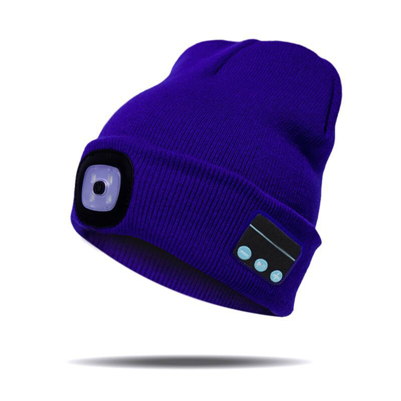 Bluetooth-muts met led-koplamp, verlichte muts, oplaadbaar met draadloze bluetooth-winterwarme gebreide muts en t8: Blauw