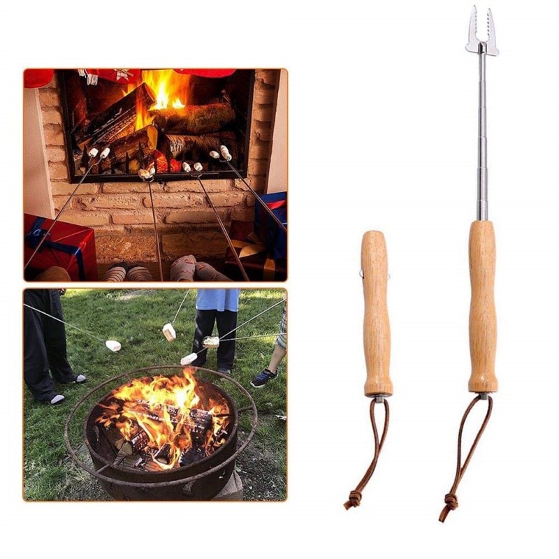 Stainless Steel Barbecue Fork Camping Campfire Fire Pit Accessories Dog Telescoping Roast Fork Sticks Skewers kitchen tools