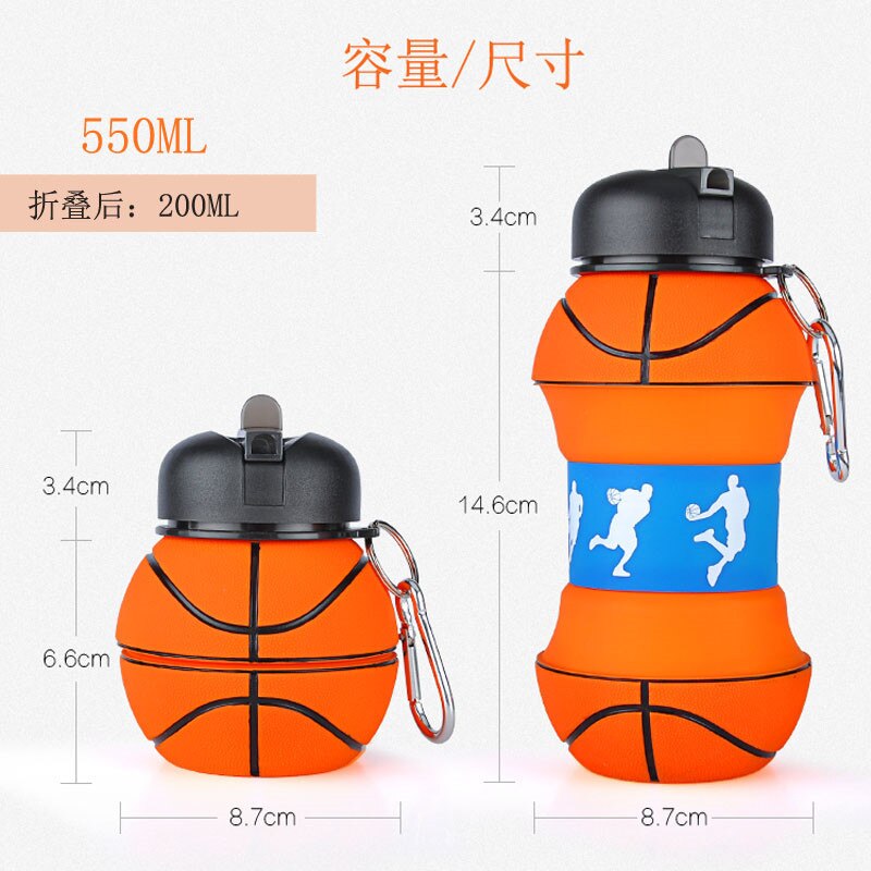 Botella de agua de silicona para baloncesto con pajita, plegable, para viajes, no botellas tóxicas, para acampar, 1 ud., 550ml