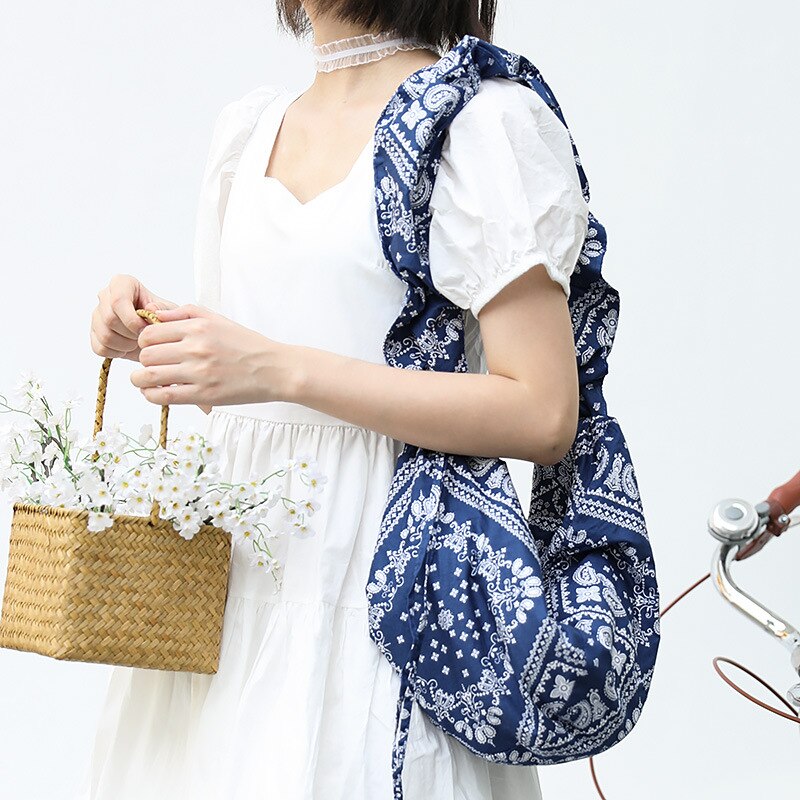 Fabric Paisley Pattern Printing Hobo Bag Female Teenager Youth Bohemian Boho Gypsy Hippie Pleated Belt Cute Sling Messenger Bag: Blue