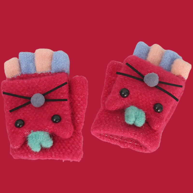 Kids Winter Warm Handschoenen Baby Wanten Leuke Cartoon Vingerloze Handschoenen Gebreide Flip Half Vinger Wanten Jongens Meisjes Kerstcadeaus