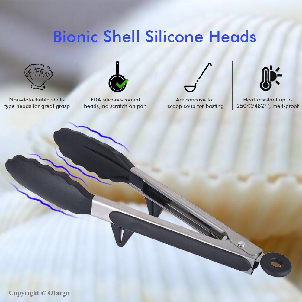 9 inch Kitchen Premium Silicone Tongs Non-slip & Easy Grip Stainless Steel Handle - Smart Locking Clip - Heat Resistant,