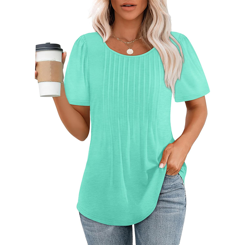 Dames T-shirts met korte mouwen, geplooid, chic, casual ronde hals, zomertops, blouses 2025: L / Lichtgroen
