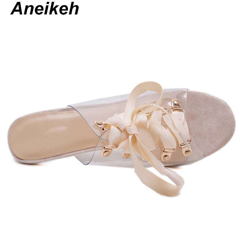 Aneikeh pvc dametøfler gennemsigtige rund tå sko slides snørebånd slip-on tynde hæle sorte abrikos pu str. 35-42