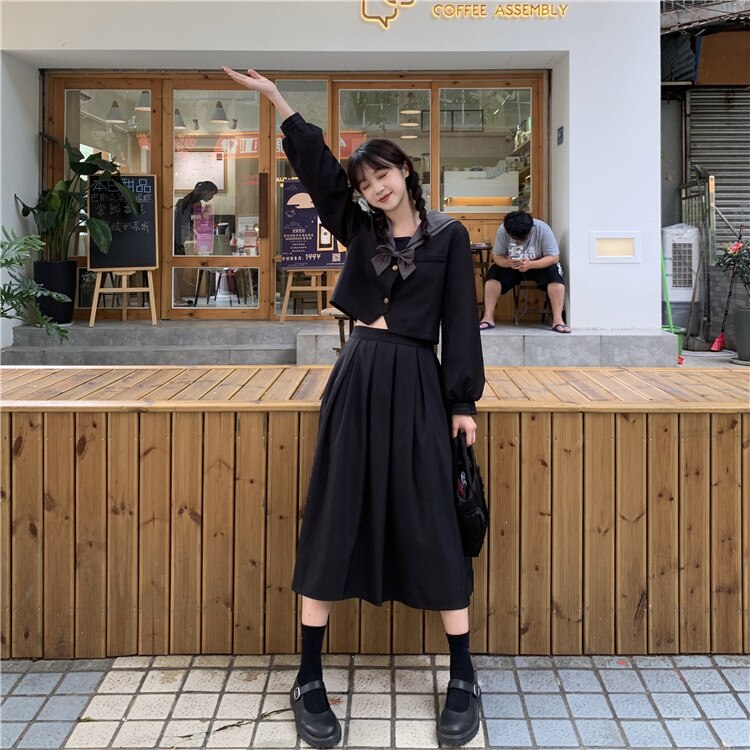 2pcs Women Autumn Winter Sailor JK Dress Suit Set Japan Preppy Style High School Uniform Navy Collar Bow Shirt Pleated Skirt