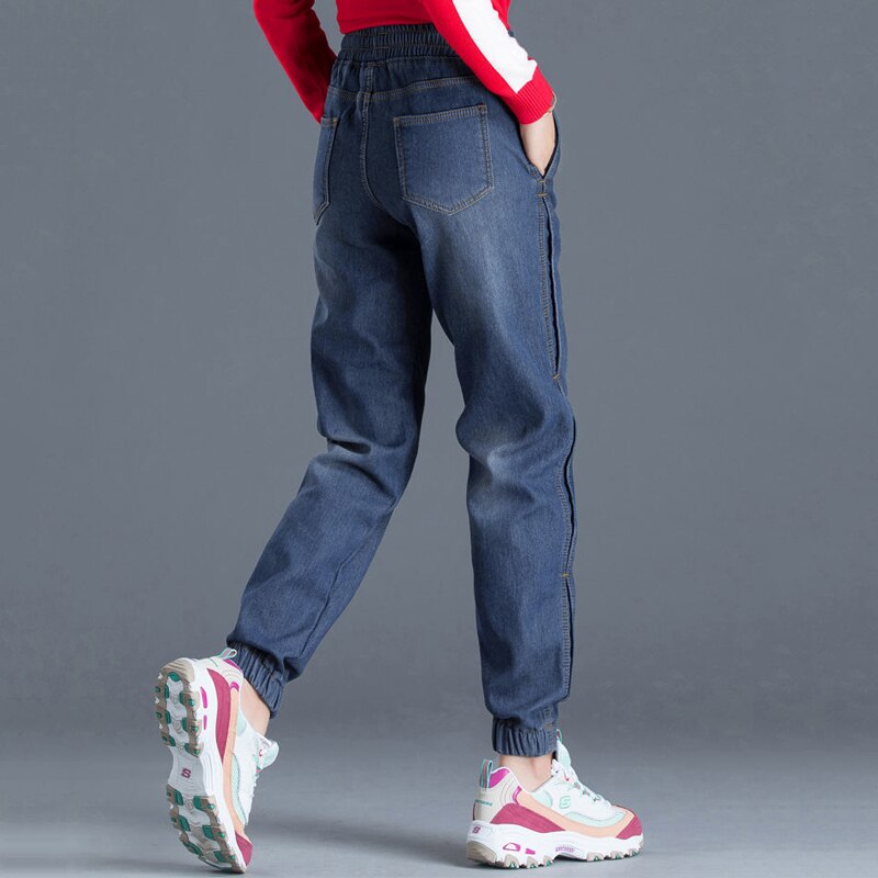 Casual Trekkoord Jogger Jeans Vrouwen Elastische Hoge Taille Boyfriend Harem Vaqueros Enkel Lengte Streetwear Oversized 34 Denim Broek