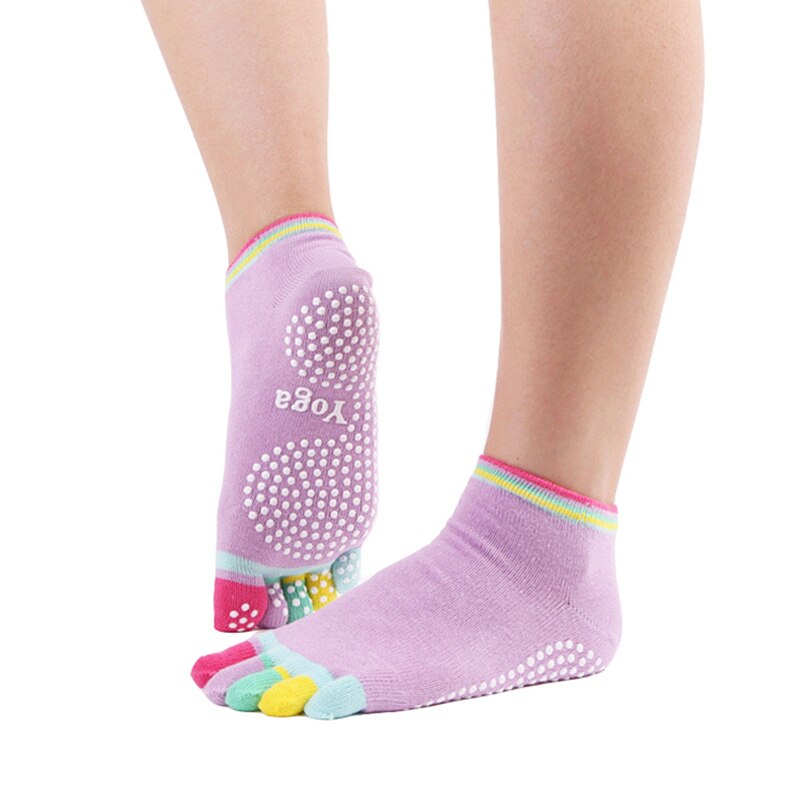 Chaussettes de Yoga à cinq doigts pour femmes, antidérapantes, colorées, en coton, avec poignées et points en Silicone antidérapants, tailles 34 à 39, paire/lot: Purple