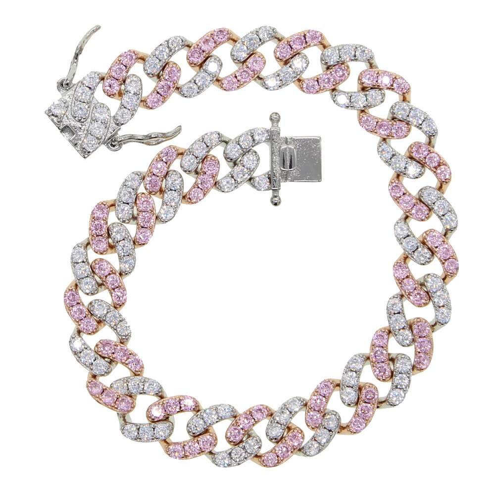 9mm width pink pinky white cubic zirconia cz Miami cuban link chain bracelet for women girl 17cm 19cm: White Pink / 19cm