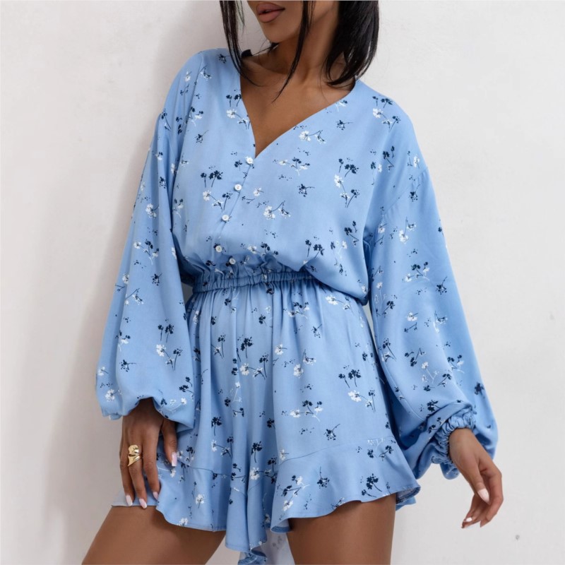 Dames zomer nieuw item V-hals knopprint lantaarn lange mouwen taille cinched ruche rand driedelige shorts jumpsuit losse pasvorm
