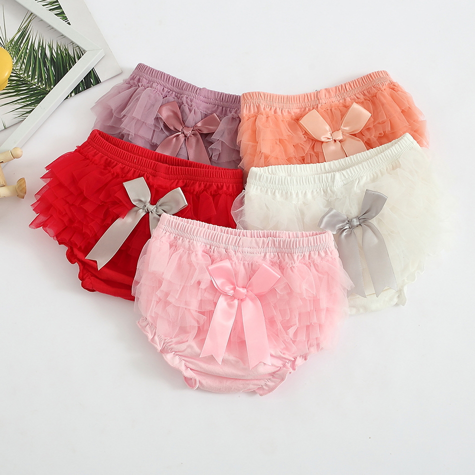 Ropa interior de algodón para bebé, pantalones cortos con de lazo, bombachos con volantes de encaje para niña pequeña