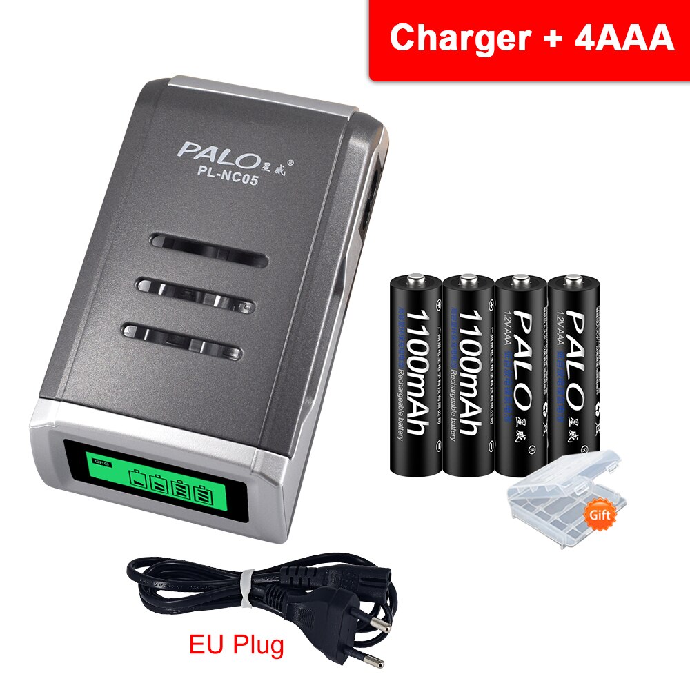 Palo 4/8/16 Pcs Originele Aaa Oplaadbare Batterij 1100 Mah 1.2V Aaa Nimh Vooraf Lading batterijen + Aa Aaa Batterij Slimme Lader Aa Aaa: 4 AAA and charger