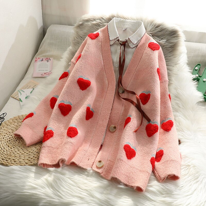 Oceanlove kawaii cardigans kvinder søde jordbær v hals efterår vinter trøjer sweet mujer chaqueta 17455: Lyserød