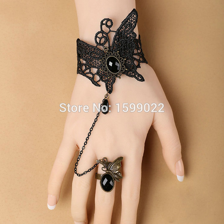 Zwart Kant Vlinder Charme Armbanden Voor Vrouwen Jonge Meisjes Klassieke Polsband Gothic Hand Sieraden Met Ring