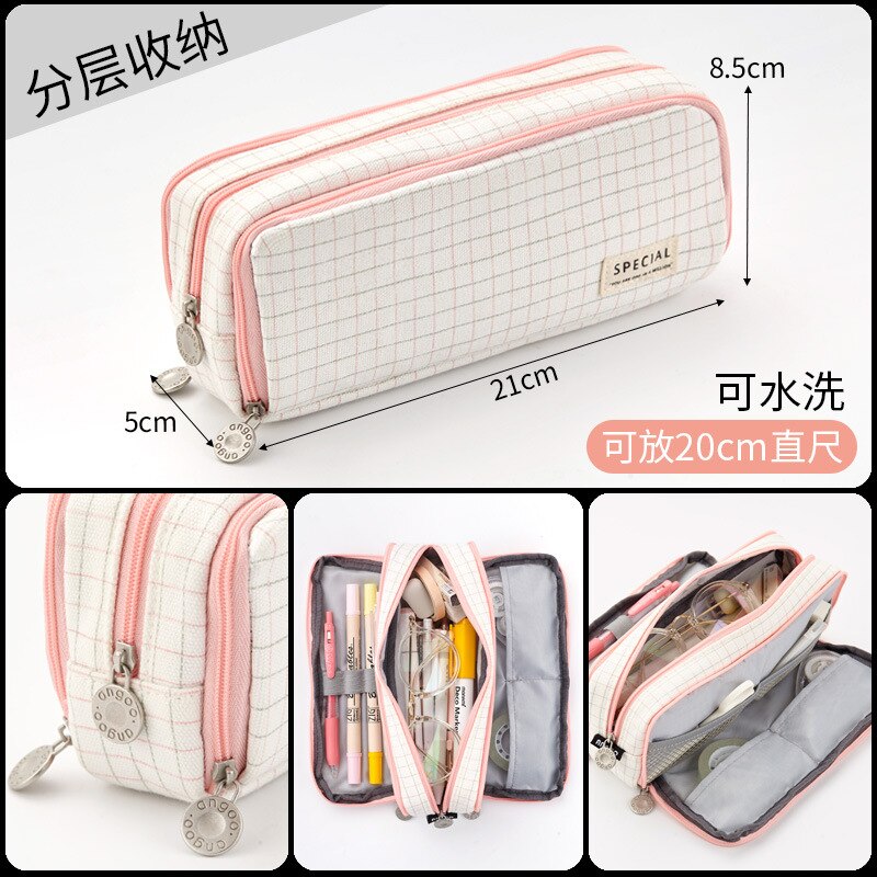 Large Pencil Case with Zipper Cute Grid School Supplies Pencil Pouch for Teen Girls and Boy School Student Bag