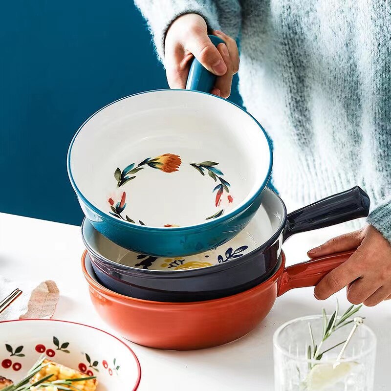 Ceramic Glaze Baking Bowl with Handle Salad Bowls Barbecue Cheese Baked Rice Baking Pan Round 4 Seasons Bakeware Home Decoration