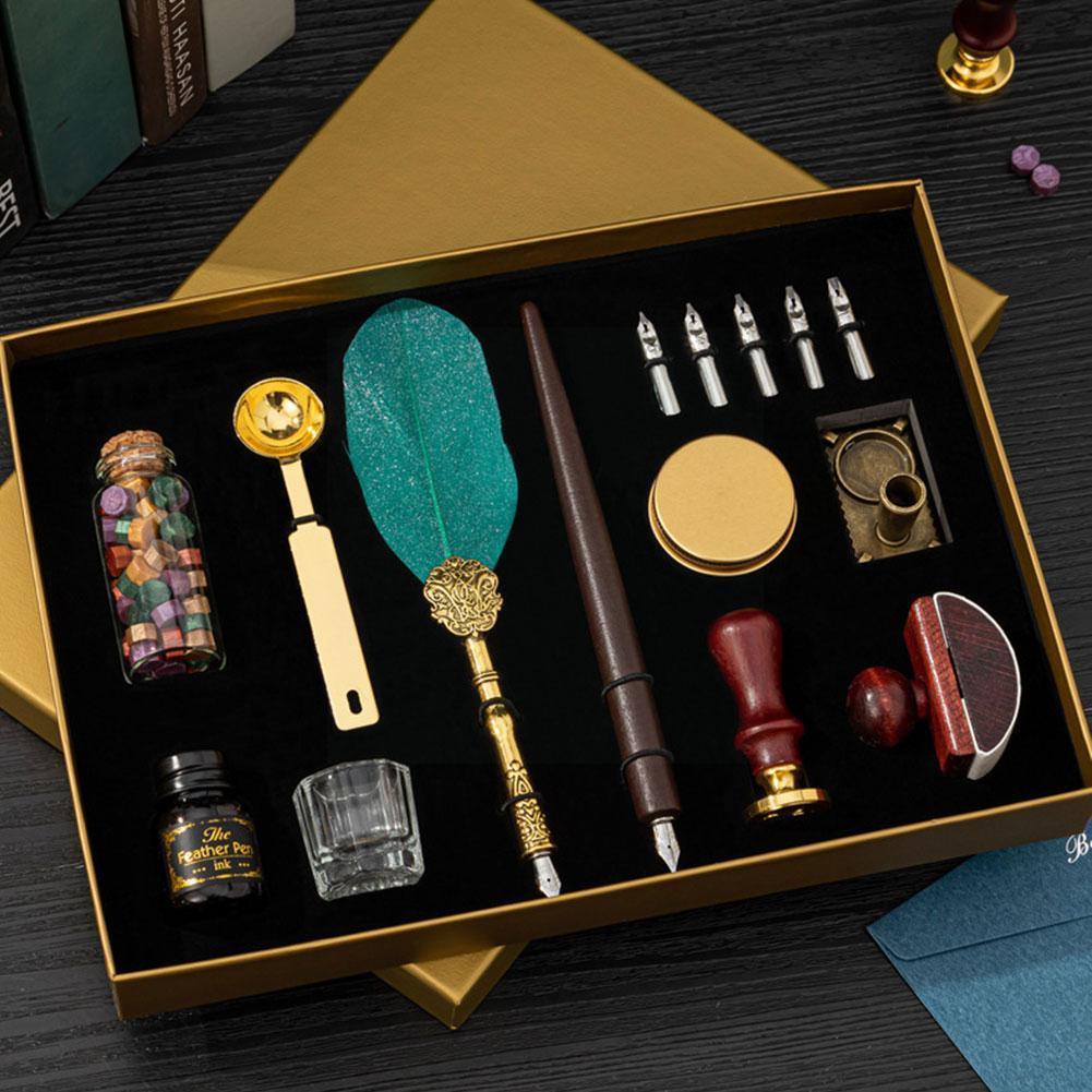 Vintage Feather Dip Fountain Pen Sets Calligraphy Writing Stamp Pen Set Ink Blotter Stationery Pen Holder Supplies Dip Scho M5r8