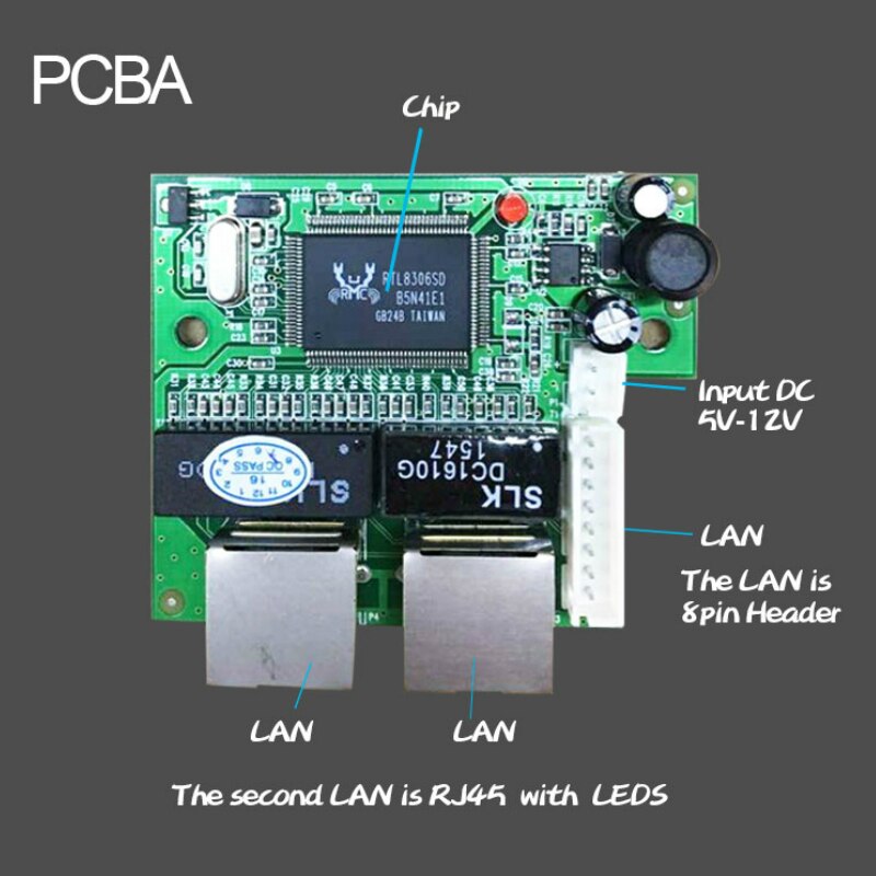 Fabriek direct mini snelle 10/100 mbps 2 poort ethernet netwerk lan hub switch board twee layer pcb 2 rj45 1 * 8pin hoofd poort