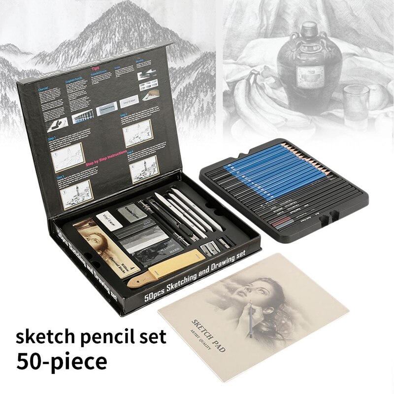 50 stk skitseblyanter sæt tegning træ blyant kit til skolelever maler værktøj kunst forsyninger