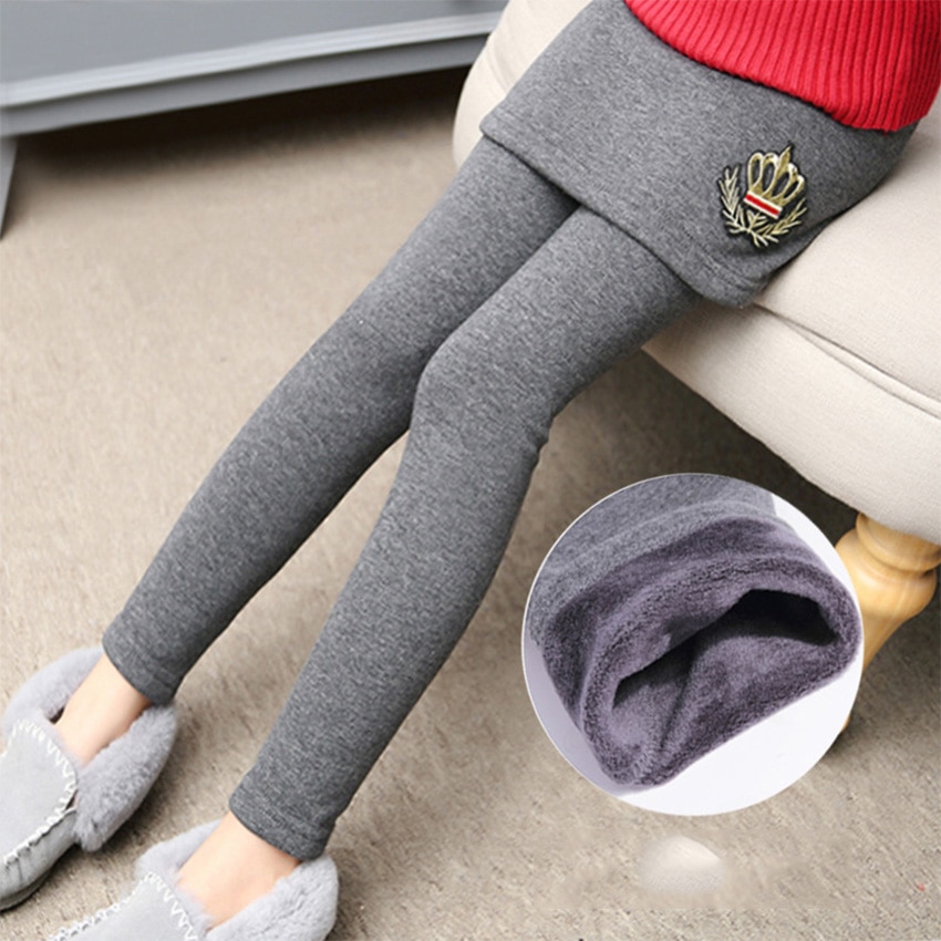Babymeisjes winter warme broek kinderen lange broek met rok fluwelen dikke meisjeskleding kind patroon kinderen effen leggings: Kroon / 7t