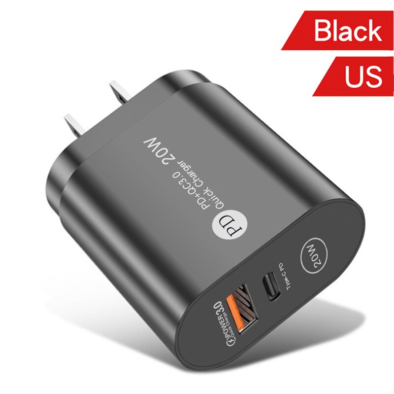 USLION – chargeur USB PD 20W QC3.0, Support USB type-c, charge rapide, pour téléphone iPhone 12 Pro Max 11 AirPods iPad Huawei: US Black