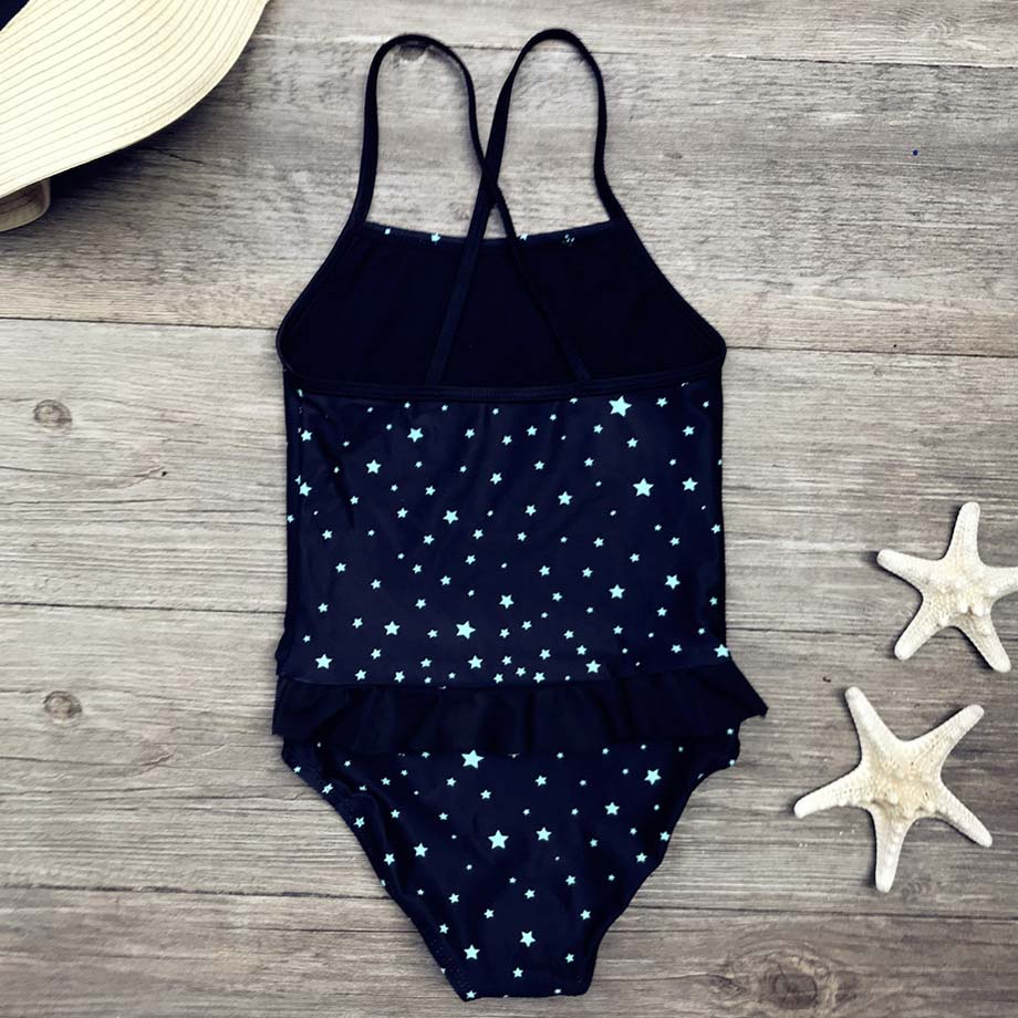 5-12 Years Girl One Piece Swimsuit Stars Print Kids Swimwear Cross Back Child Girl Bathing Suit Young Girls Swimming Suit Black