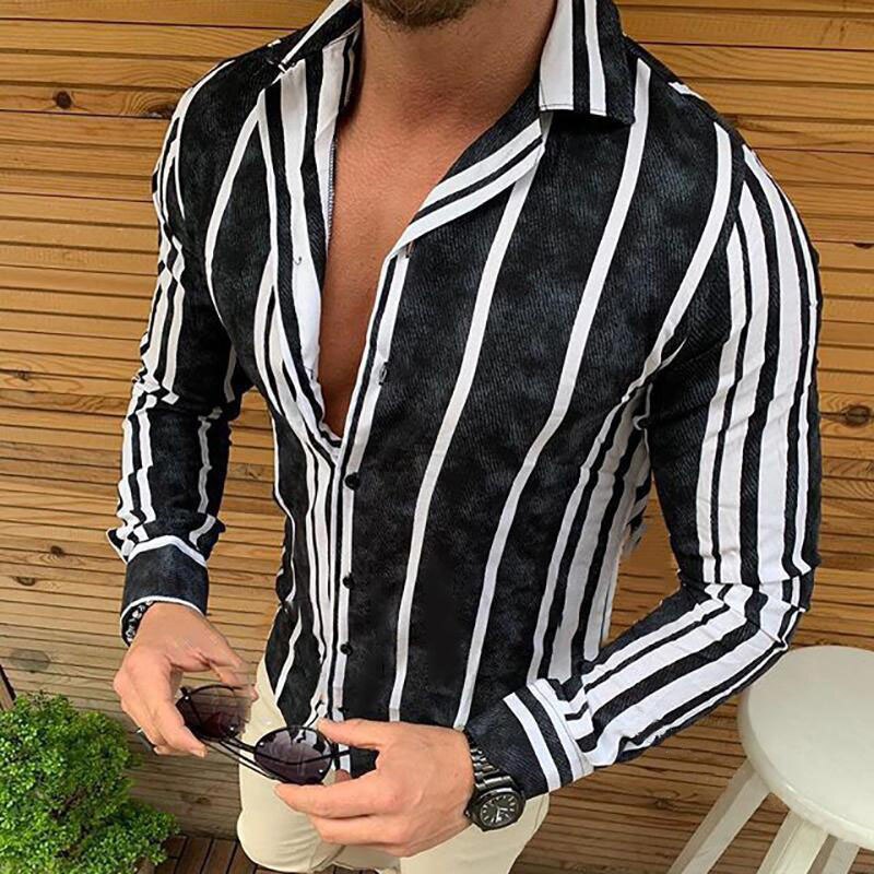 Gestreepte overhemden heren merk lange mouwen casual overhemden voor heren slim fit tops: Zwart / Xxl