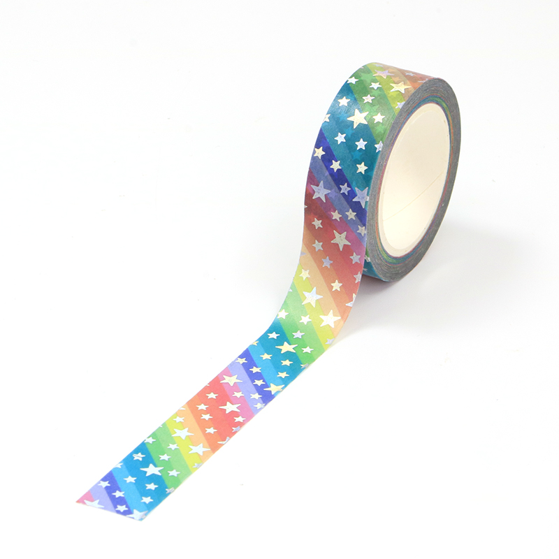 1 unidad. Cinta Washi de estrellas arcoíris de lámina plateada decorativa de 10M para planificador, pegatinas adhesivas para álbum de recortes, cinta adhesiva, papelería Kawaii bonita