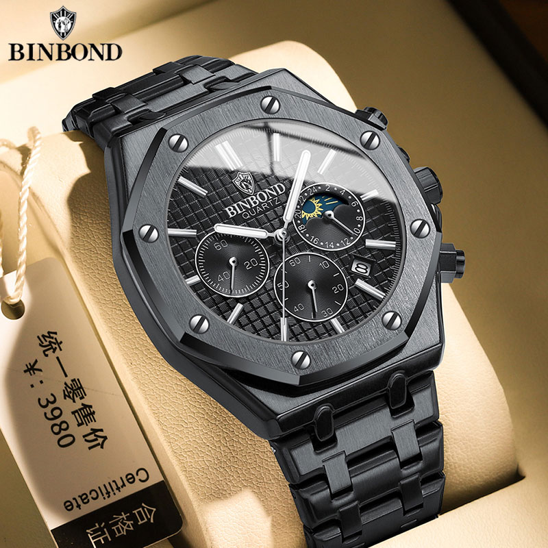 BINBOND Herenhorloge Luxe Hoge Man Quartz Horloge Waterdicht Lichtgevende Datum Roestvrij Staal Herenhorloges Casual Klok