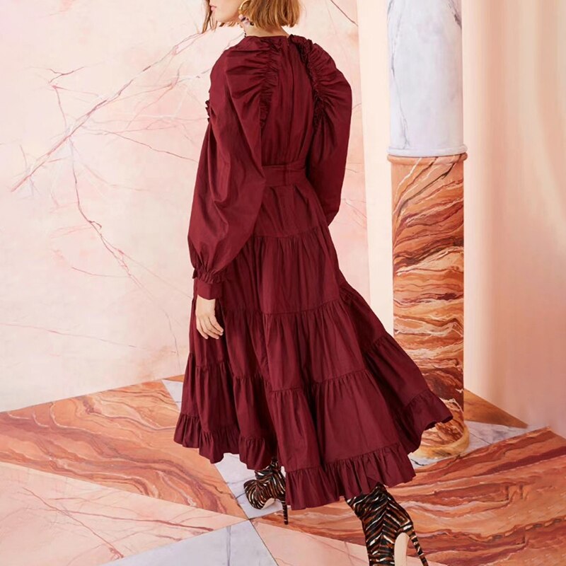 VGH Elegante Geraffte Kleid Für Frauen O Hals Laterne Hülse Hohe Taille Mit Schärpen Midi- Schwarz Kleider Weibliche Neue kleidung
