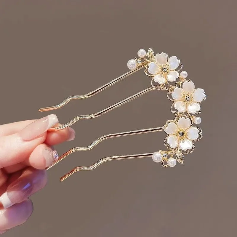Peinetas para el cabello onduladas con flores y perlas para mujer, horquilla estilo bosque en forma de U, broche para el cabello con cabeza de moño de Metal de alta gama