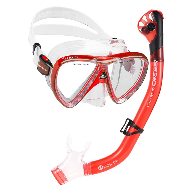 Cressi IKARUS-máscara de buceo, conjunto de esnórquel, máscara de silicona de secado superior, Combo de lentes de vidrio templado para adultos: TRANSLUCENT RED