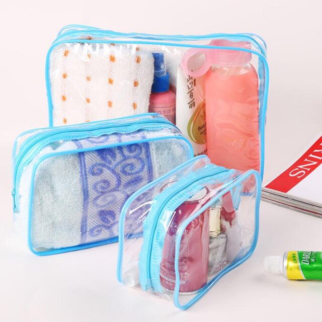 Ruputin 3 stuks/set transparante dames cosmetische tas pvc reisorganizer tas rits make-up tas badkamer waterdichte waszakken: Klein hemelsblauw