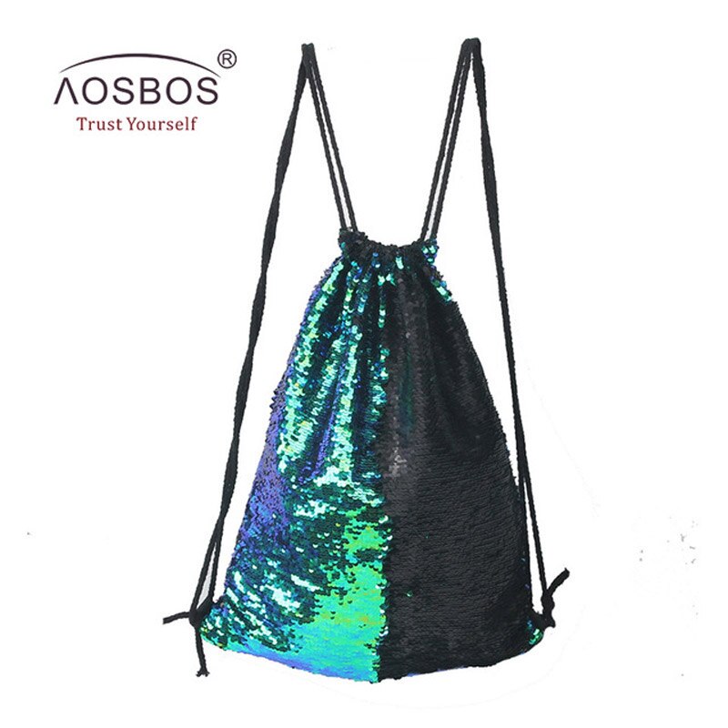 Aosbos Sequin Drawstring Backpack Foldable Sports Gym Bag Outdoor Women Men Training Fitness Bags Drawstring Bag for Shoes: Green black