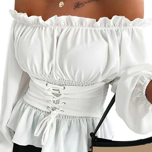 Kvinnor skjortjacka kappa höst casual enfärgad långärmad volang nederkant off shoulder toppblus: Xl / Vit