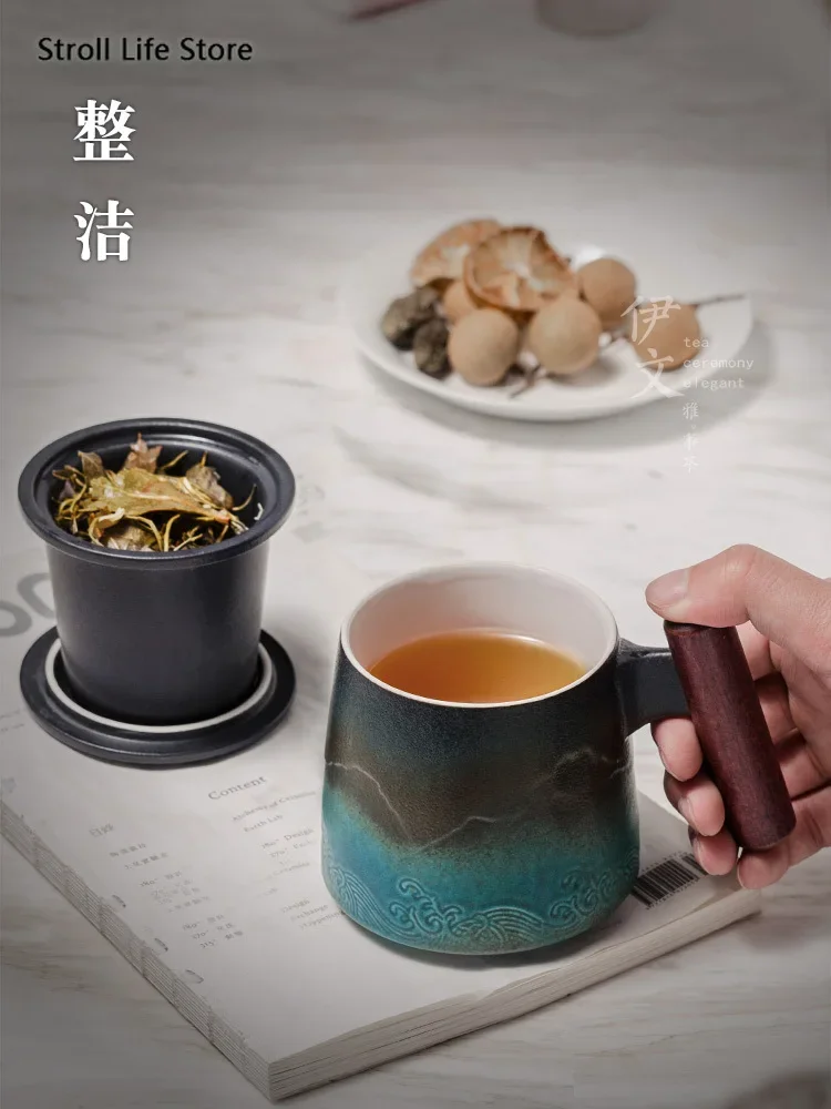 Keramisk retro kaffekopp kontor vannkopp filter tekopp med deksel kopper og krus trehåndtak caneca bursdagsboks  cm061