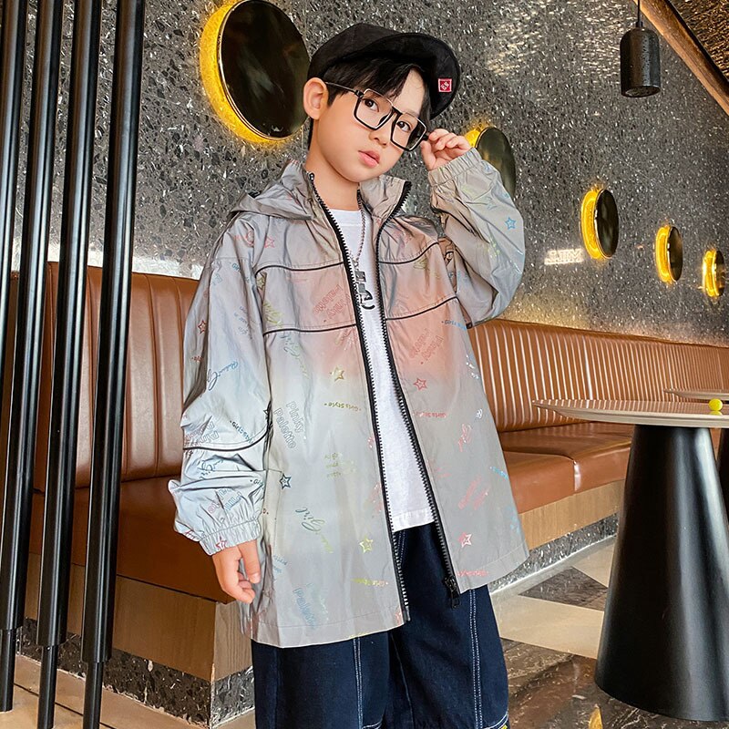 Spring Reflective Hoodies Coat Hip Hop Luminous Jacket Night Reflective Sports Outerwear Kid Boy Graffiti Casual Street Wear