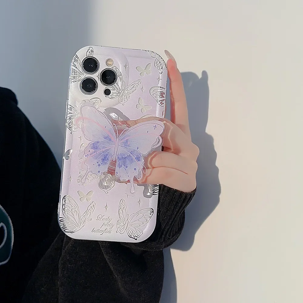 Funda de teléfono con soporte de mariposa de acuarela estilo Ins para iPhone16 15 14 12 13 11 Pro ProMax Plus Xsmax, funda de teléfono suave a prueba de golpes: Tela de algodón / Beige